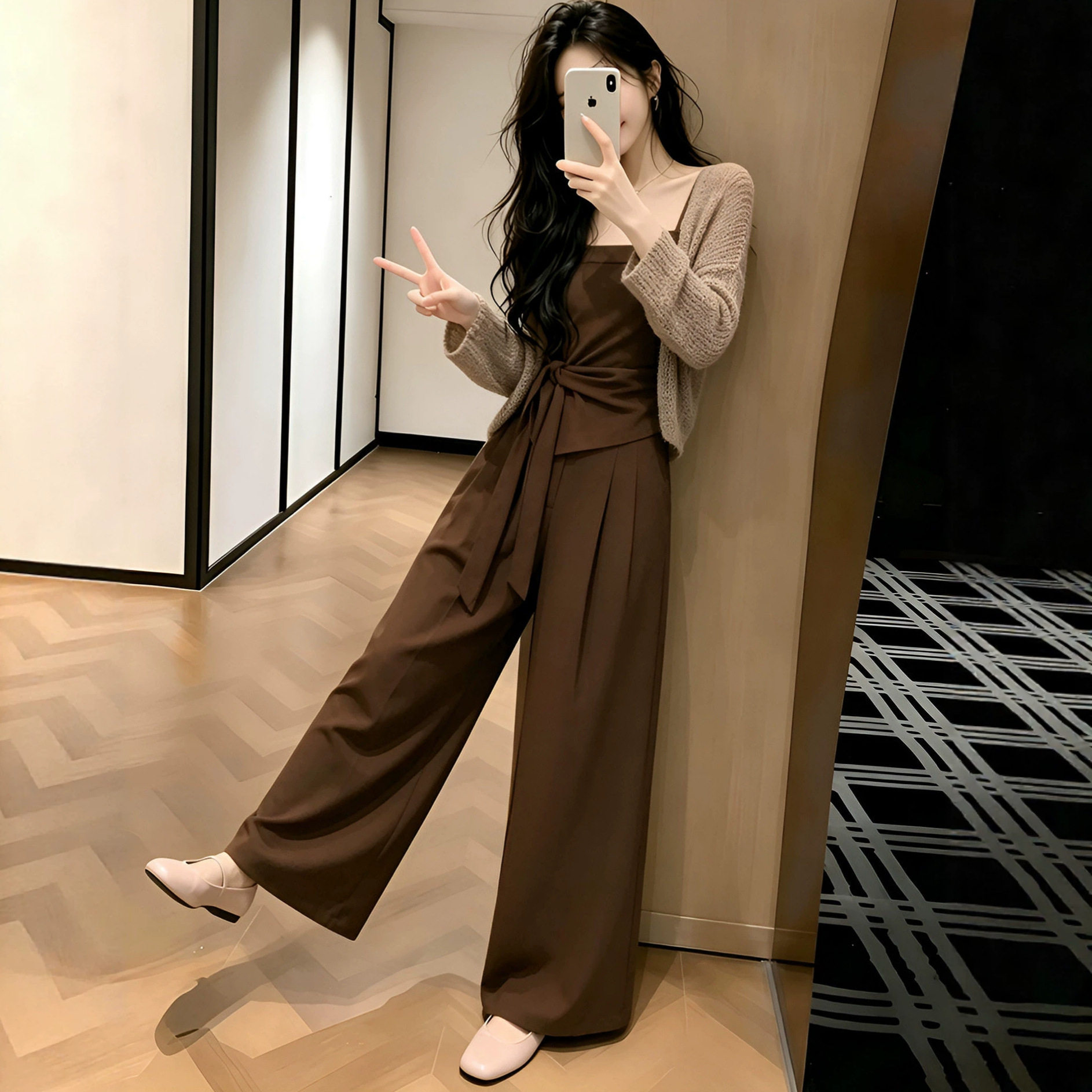 女装搭配一整套套装女装秋季新款针织外套吊带背心阔腿裤三件套