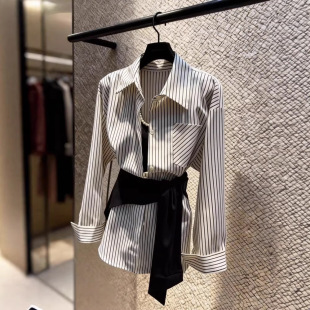 黑色腰封 ins风叠穿通勤显瘦上衣 气质穿搭腰封重塑条纹衬衫 轮廓