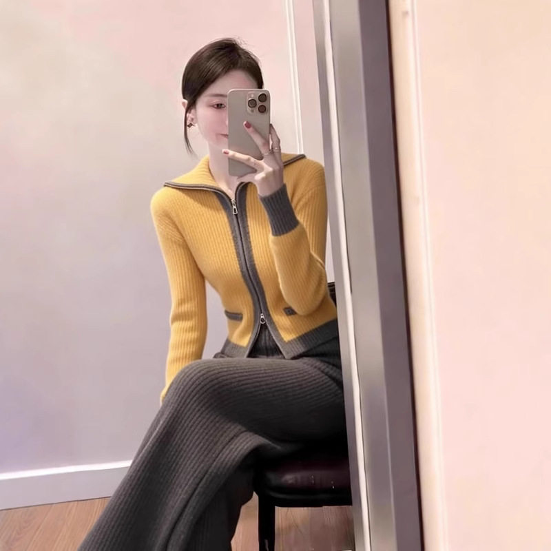 小香风显瘦穿搭一整套针织阔腿裤超好看独特漂亮毛衣两件套装女冬