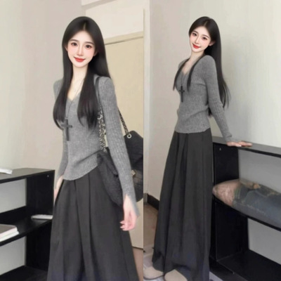 早秋chic韩系高级感穿搭一整套休闲独特绝美毛针织衫裤子两件