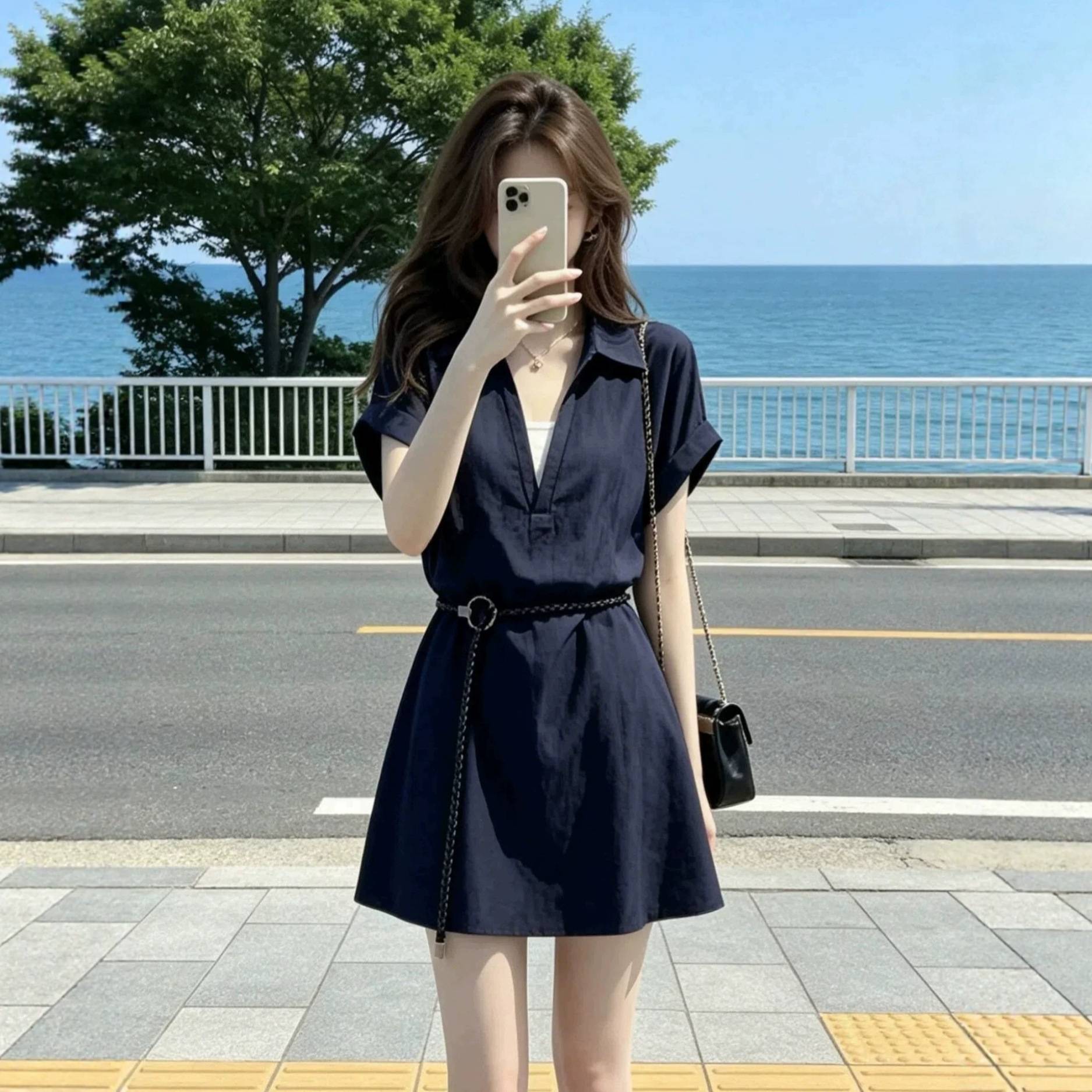 假两件翻领短袖连衣裙女2026年夏季新款时尚休闲百搭设计感短裙子