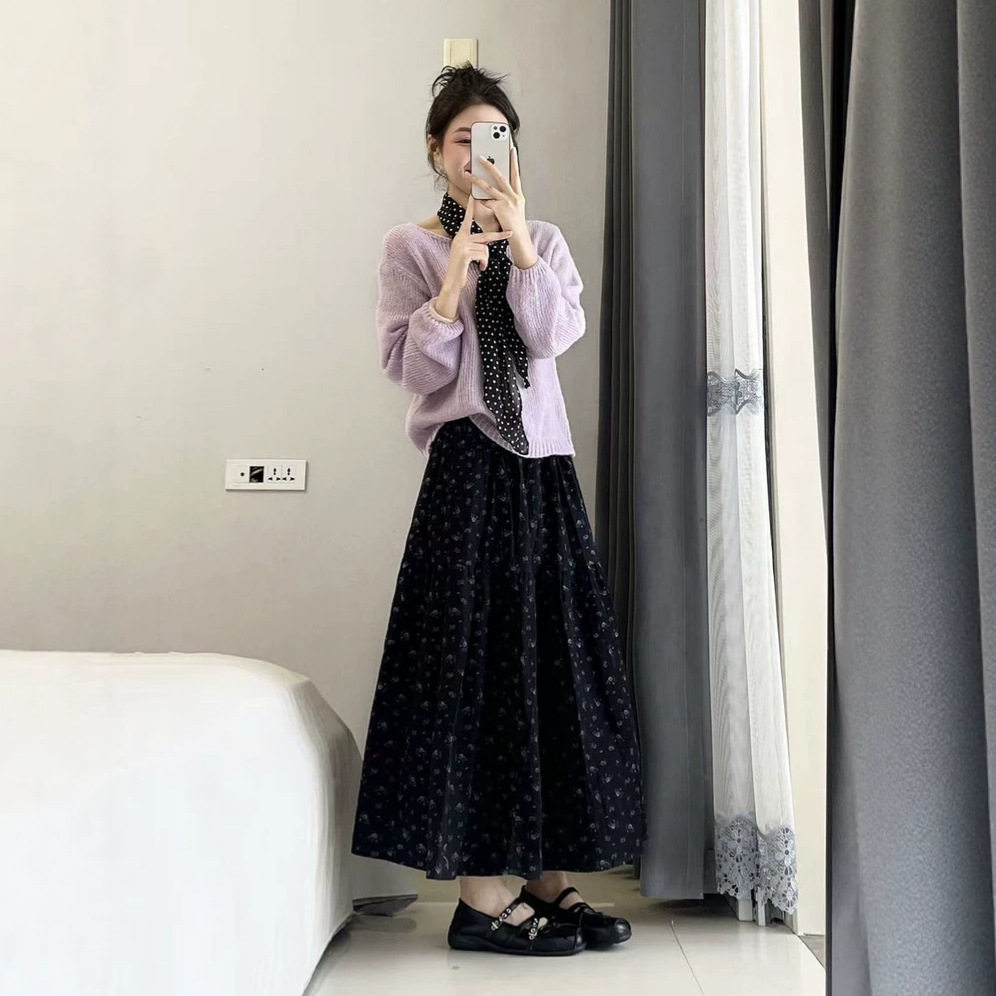 紫色针织衫碎花裙子套装女秋季新款2026新款小个子超火穿搭一整套