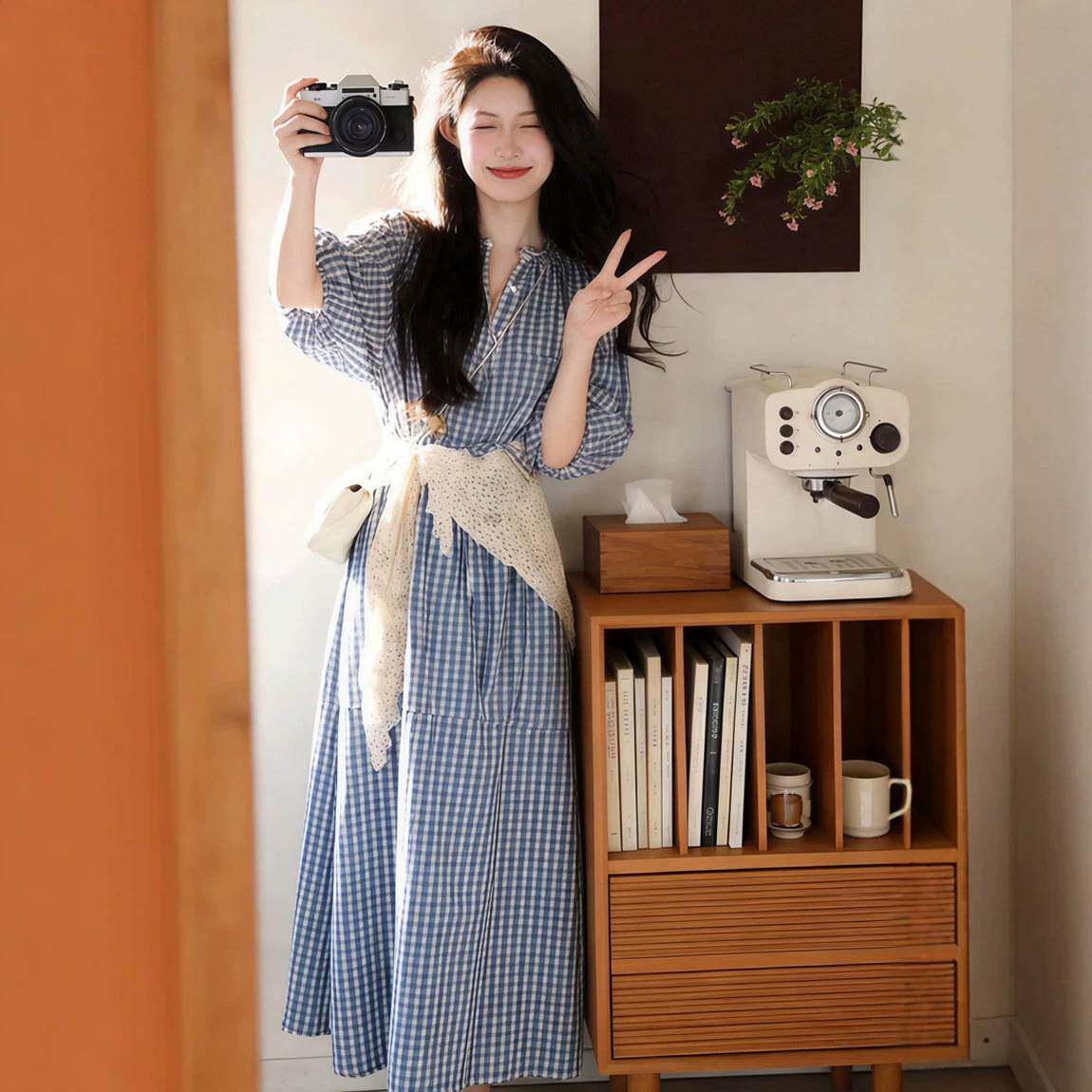 清纯白月光甜美风蓝色格子连衣裙女夏日系简约学院风小个子仙女裙
