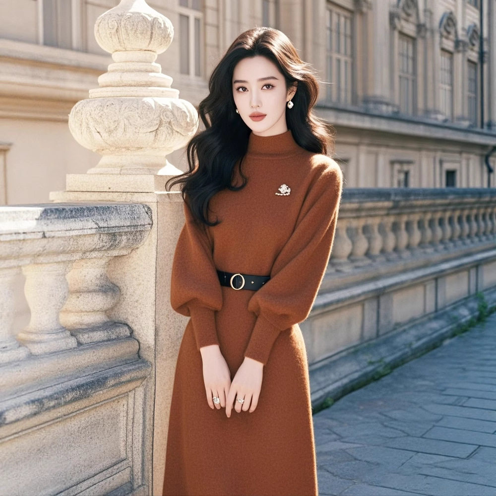 美拉德穿搭气质女神范高级感卡其色收腰配大衣内搭针织连衣裙冬季