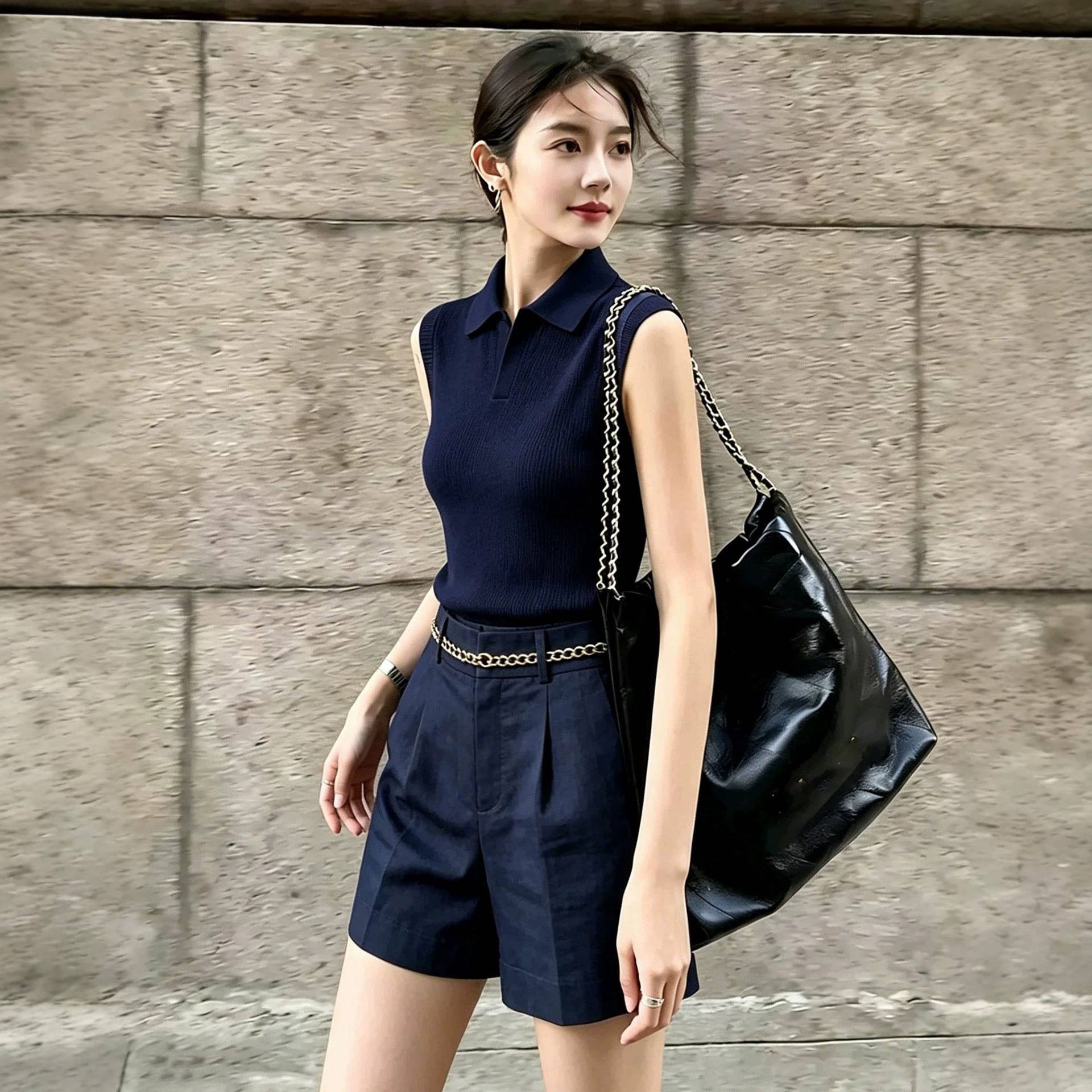 夏季减龄绝美穿搭一整套女黑色翻领冰丝上衣独特漂亮短裤两件套装