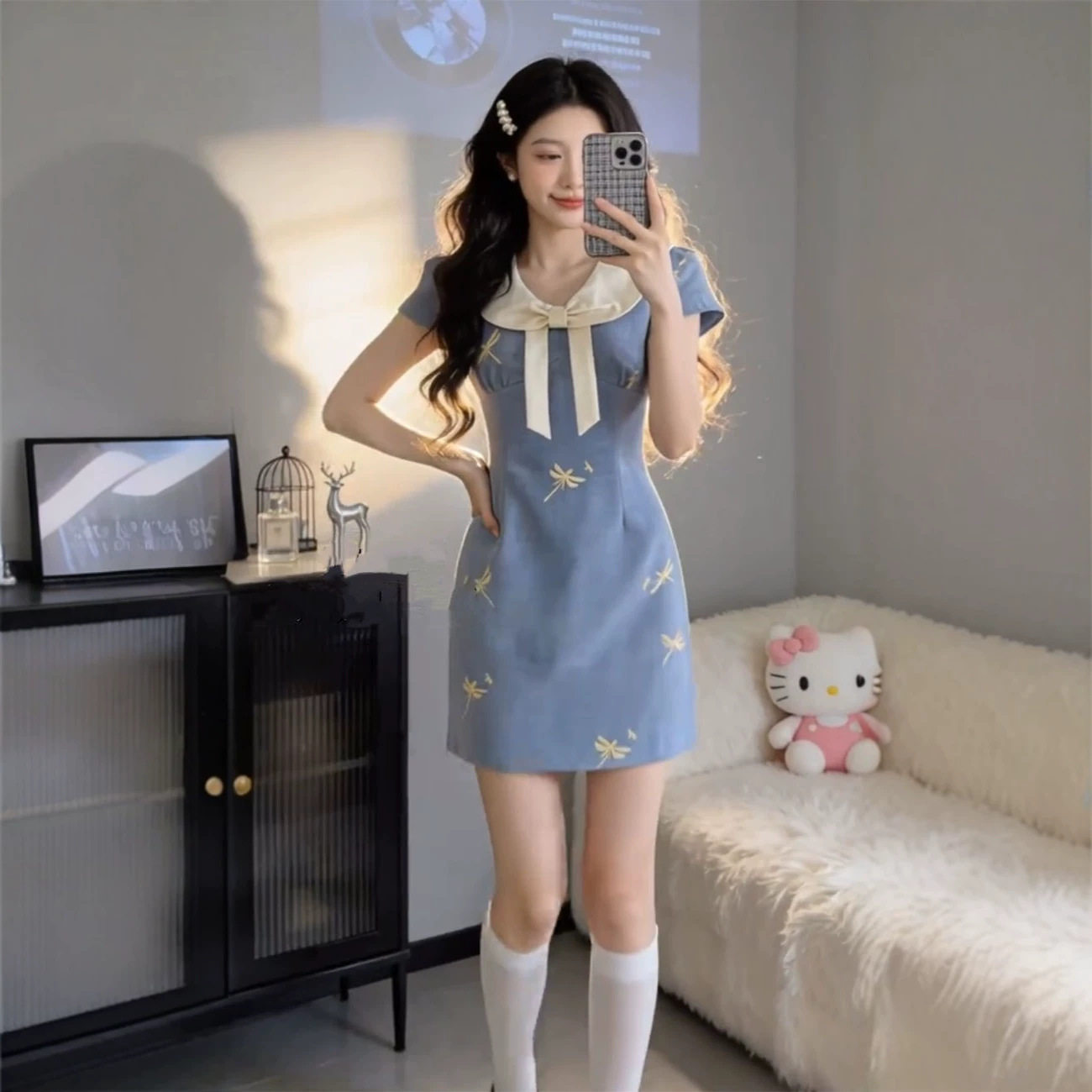 法式复古气质收腰显瘦娃娃领连衣裙女夏季裙子蓝色蝴蝶结短裙子