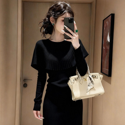 大码胖MM韩系温柔风斗篷式圆领针织衫女秋冬设计感假两件毛衣上衣