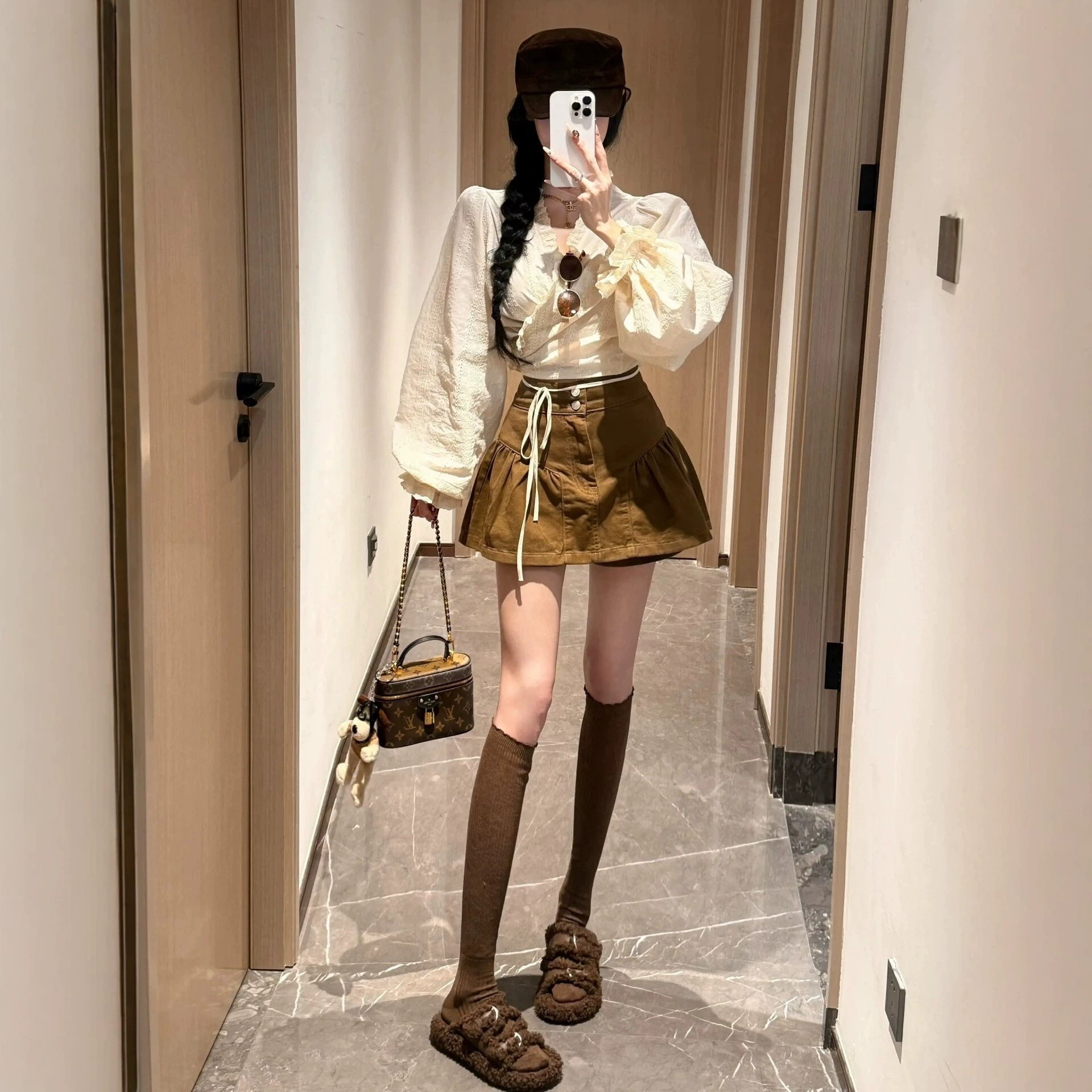 韩系女装穿搭一整套绝美喇叭袖系带上衣高腰半身裙裤套装女装秋