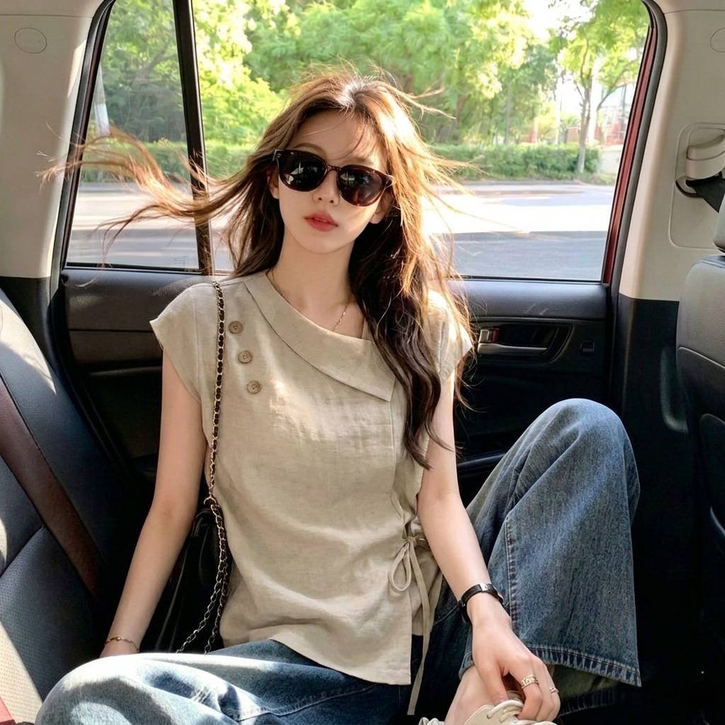 杏色不规则衬衫女士2026夏季新款洋气减龄休闲显瘦设计感系带上衣