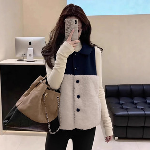 秋冬韩系百搭背心马夹坎肩女2025新款减龄翻领拼接毛茸茸外穿马甲