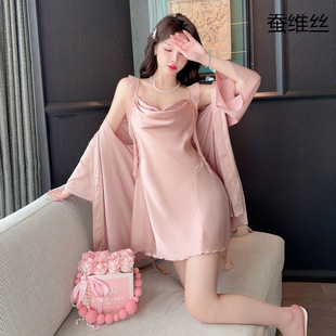 浴袍两件套直播代发 性感女冰雪丝睡衣飘带睡裙吊带春秋季 薄款 夏季