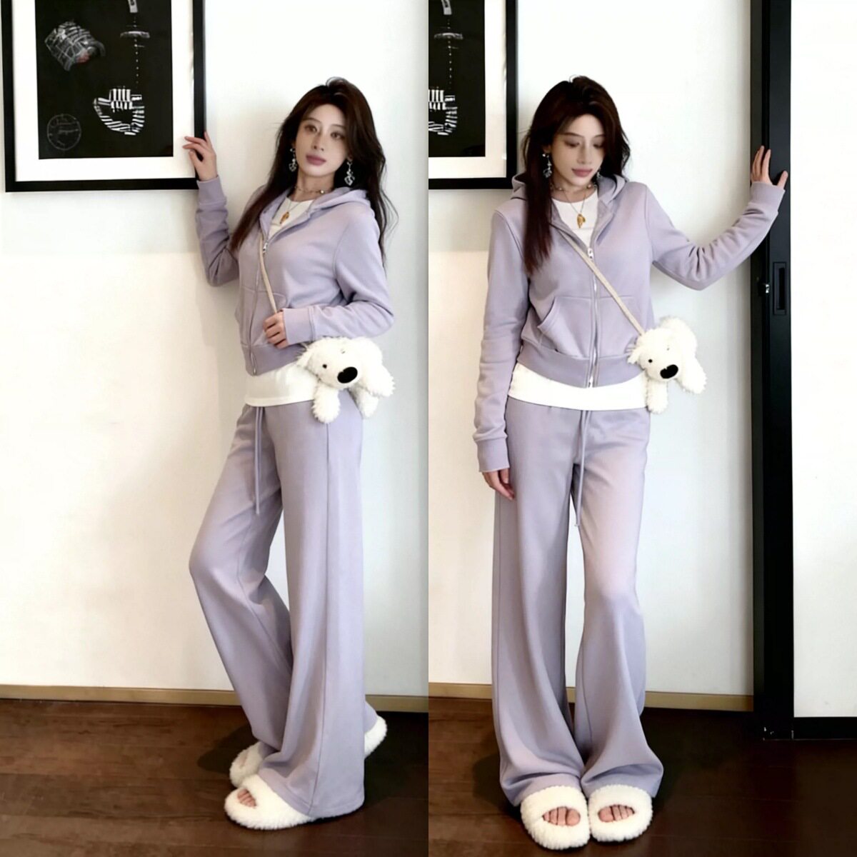 运动休闲风2026超火穿搭一整套慵懒风紫色长袖卫衣阔腿裤两件套女