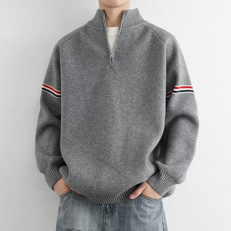 撞色半高领毛衣开衫拉链外套男春秋冬季美式潮牌宽松休闲针织线衣