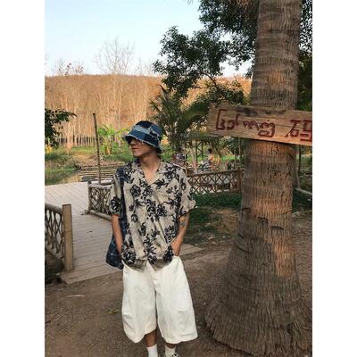 2026夏季新款潮牌复古提花短袖衬衫男宽松休闲百搭度假风翻领衬衣