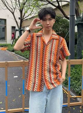 夏威夷黄色古巴领衬衣男冰丝印花短袖衬衫外套2026夏季新款上衣潮