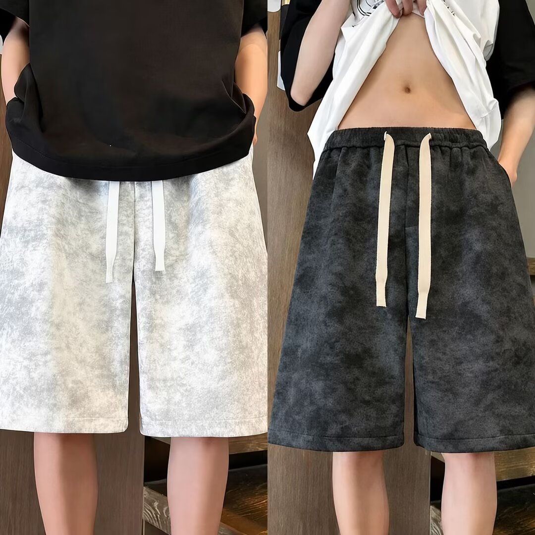 美式扎染短裤子男士潮牌设计感夏季薄款水墨风休闲宽松阔腿五分裤
