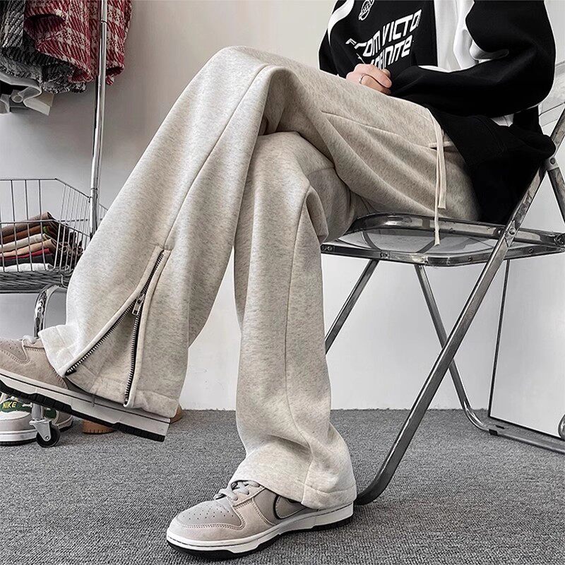 裤脚拉链休闲裤男生春季潮牌高街加绒加厚宽松阔腿直筒运动卫裤子