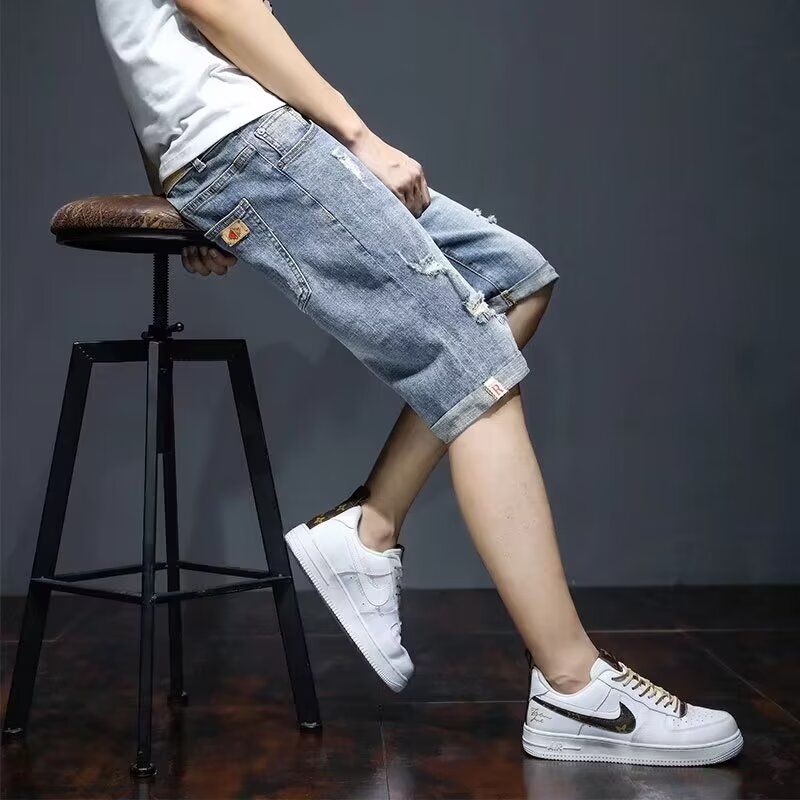 牛仔短裤男夏季薄款宽松直筒韩版潮牌破洞弹力五分百搭中裤子百搭