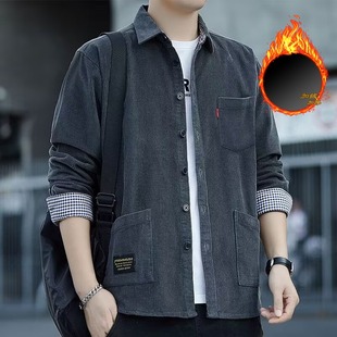 2025秋冬季新款灯芯绒衬衫外套男士宽松休闲长袖保暖上衣加绒加厚