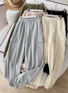 日单优品 春季女士纯色针织毛圈运动休闲直筒可束脚工装裤 467384