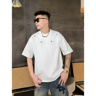 YULE语乐/99921重工激光烧花铆钉十字花T恤重磅加厚棉质圆领短袖T