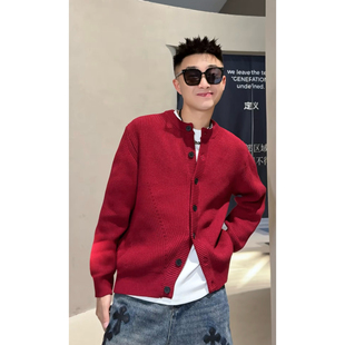 YULE语乐/206新年红色圆领针织开衫冬季加厚休闲简约纽扣毛衣外套