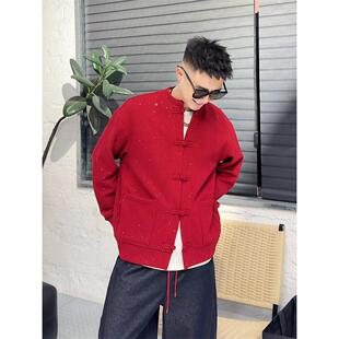 YULE语乐/5650满天星国风盘扣卫衣外套新年红色本命年糯米绒开衫