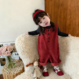 韩版新款春季女童周岁红色灯芯绒背带裤套装春秋洋气女宝宝两件套