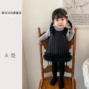 女童宝宝冬季毛衣婴幼儿绗棉加绒下摆拼纱公主连衣背心裙两件套装