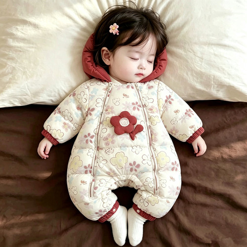 冬季女宝小红花连帽羽绒连体衣