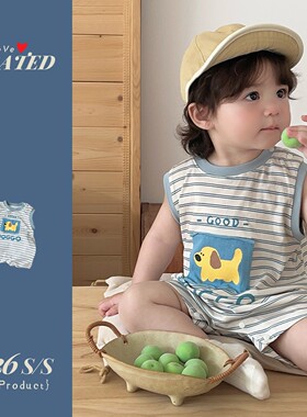 满月婴儿衣服夏季连体衣男小童条纹卡通哈衣外出爬服新生婴儿衣服