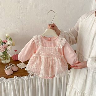 春季新款婴幼儿绣花网纱公主哈衣套装女宝宝洋气罩衫连体衣两件套