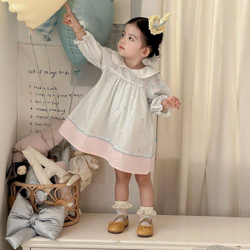春季新款婴幼儿撞色长袖棉布裙女宝宝简约连衣裙可爱卡通印花裙子