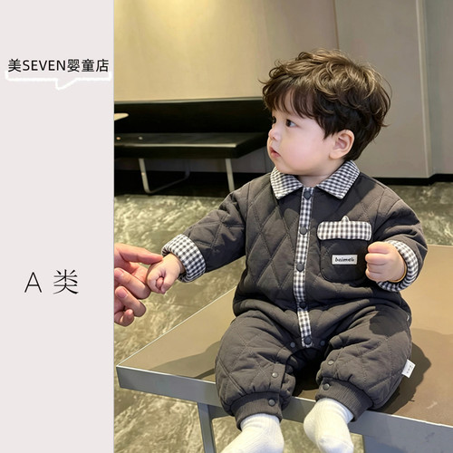 冬季加厚加绒保暖男宝宝连体衣