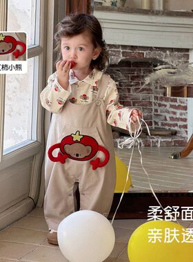 婴儿2026春季新款背带裤套装男女宝宝新生儿春款卡通外出爬服哈衣