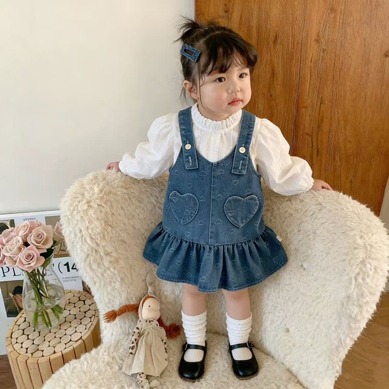韩版女童甜美爱心牛仔背带裙套装春季新款宝宝婴幼儿公主裙两件套