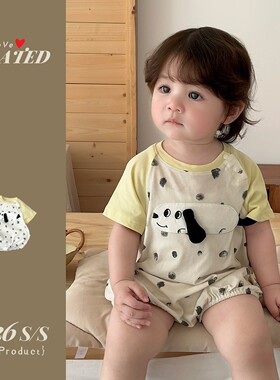 夏天宝宝包屁衣婴幼儿插肩袖短袖哈衣外出服男童小狗圆点夏季爬服
