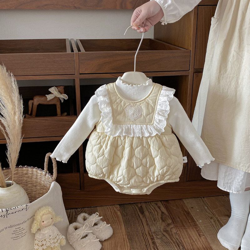 冬季婴儿绗棉加绒背心哈衣保暖