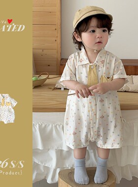 夏季连体衣婴儿衣服男童学院风彩色波点短袖爬服夏天衣服外出哈衣