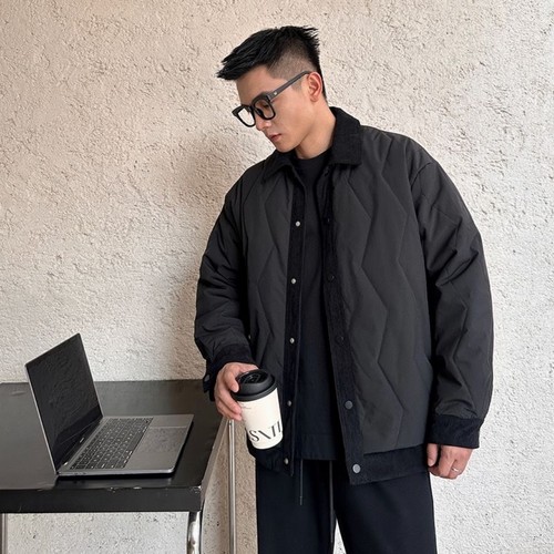 秋冬季灯芯绒拼接假两件男士棉衣轻熟简约翻领夹棉加厚潮流外套男