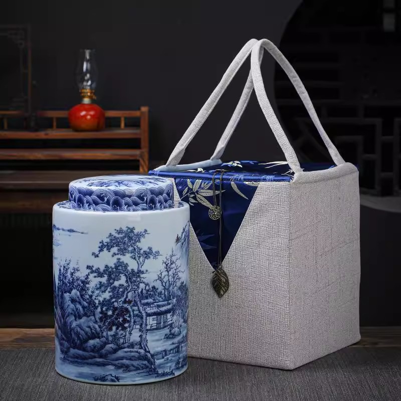 防潮青花瓷白茶储存珐琅彩特大号