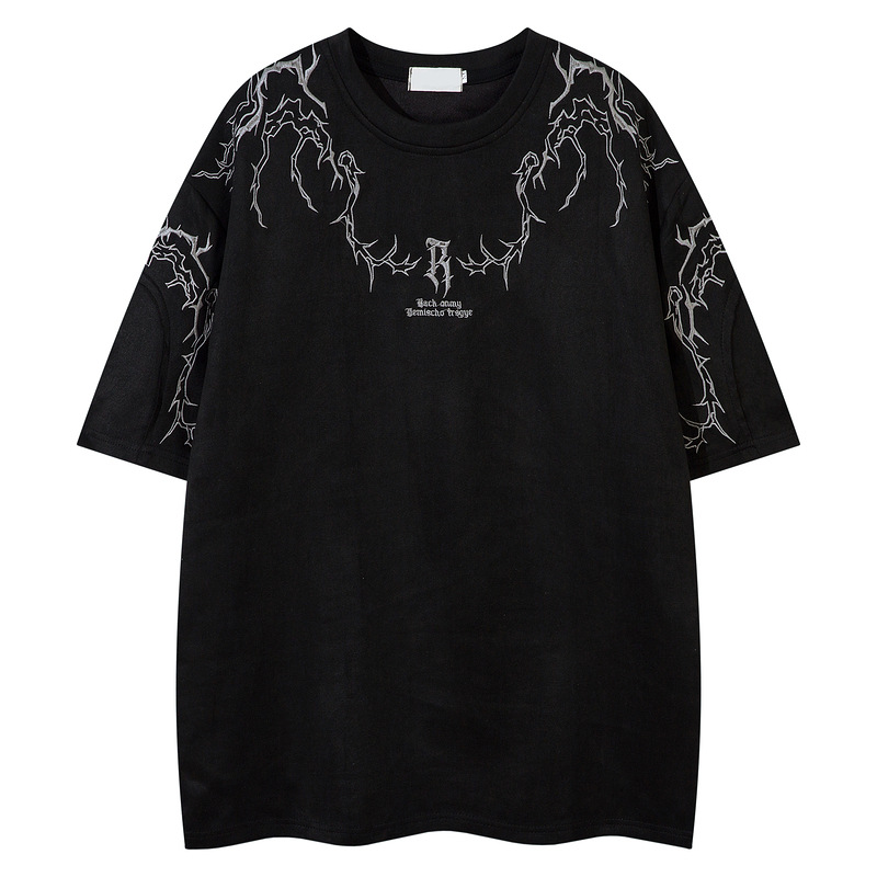 美式高街hiphop荆棘刺绣短袖T恤男夏季潮牌宽松复古麂皮绒半袖女