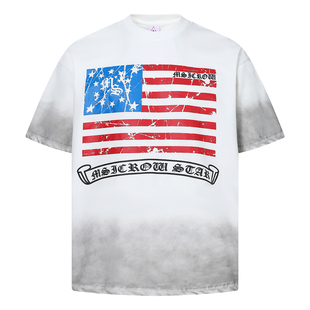 潮t T恤男女宽松纯棉洗水喷脏渐变半袖 美式 复古街头风旗子做旧短袖