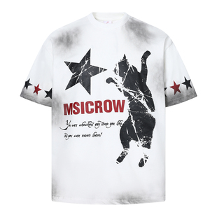 上衣潮t T恤男女宽松洗水喷脏小众设计高街风新款 美式 街头印花短袖