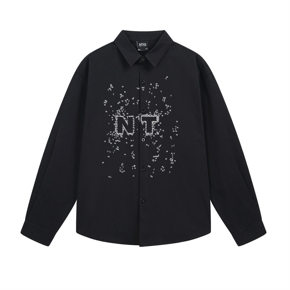 街头创意字母印花宽松长袖男衬衫