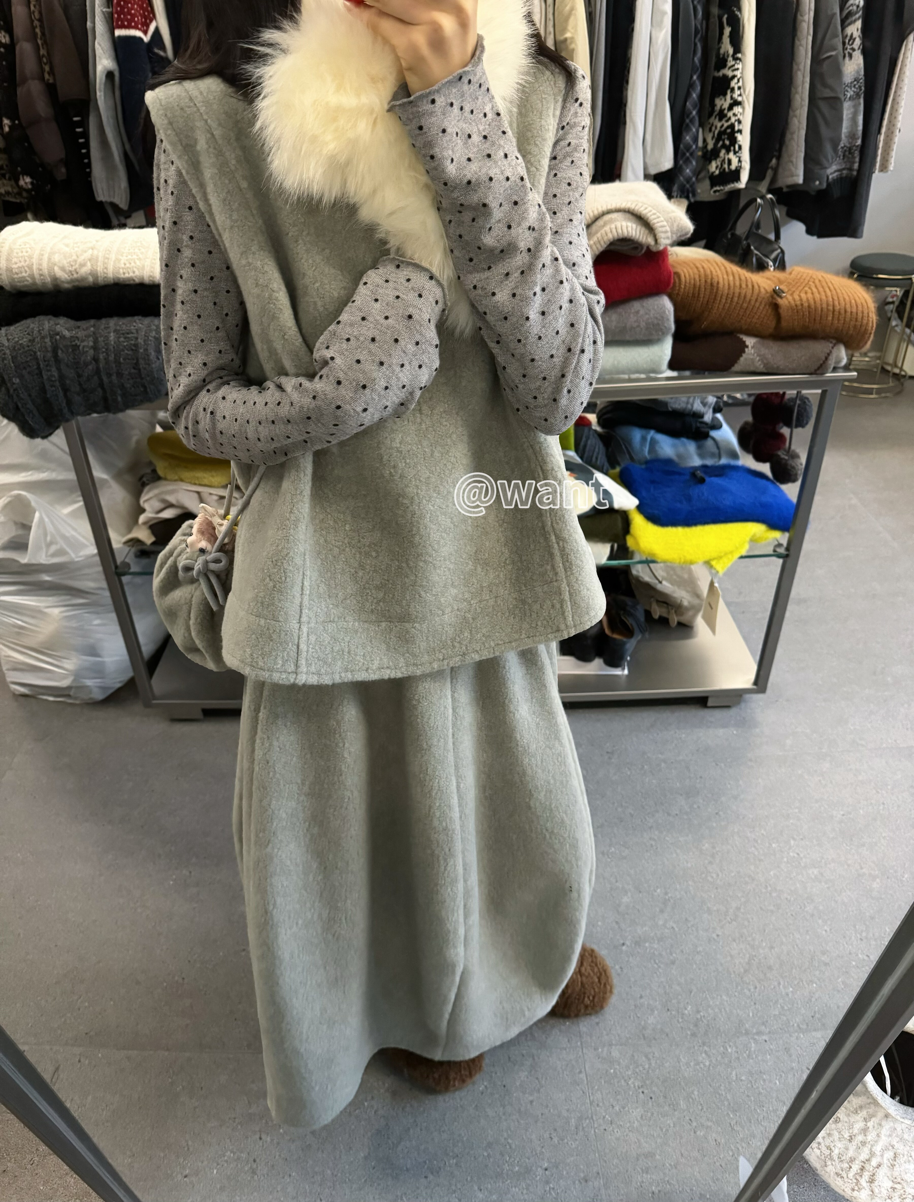 want/韩系疗愈灰调两件套马甲背心套装女秋冬新款宽松显瘦