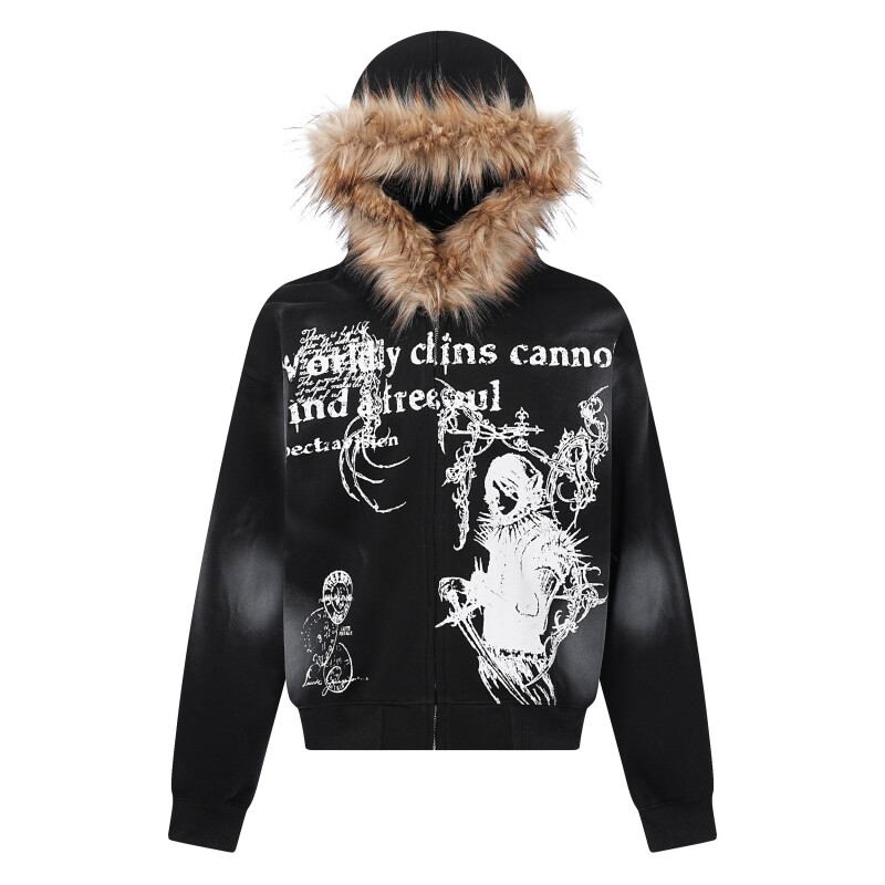 thumbnail for Aknife's original Abi style American street heavyweight fur collar hooded sweatshirt men's lazy fleece cardigan jacket