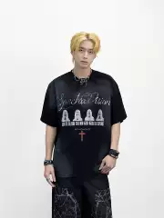 Aknife Light Asian Style Dark Tie-Dye Printed Short-Sleeve Heavyweight T-Shirt for Men, Loose American Street Style Top for Couples