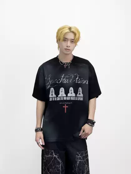 Aknife Light Asian Style Dark Tie-Dye Printed Short-Sleeve Heavyweight T-Shirt for Men, Loose American Street Style Top for Couples