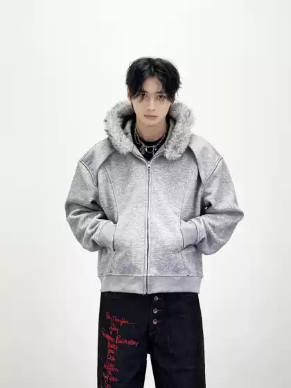 Aknife Vintage American Cleanfit Deconstructed Hooded Sweatshirt with Faux Fur Collar, Cropped Unisex Coat for Fall Winter